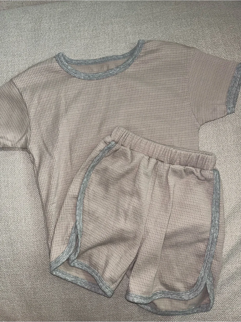 12-24 Month Waffle Knit Short Set in Taupe with Grey Trim